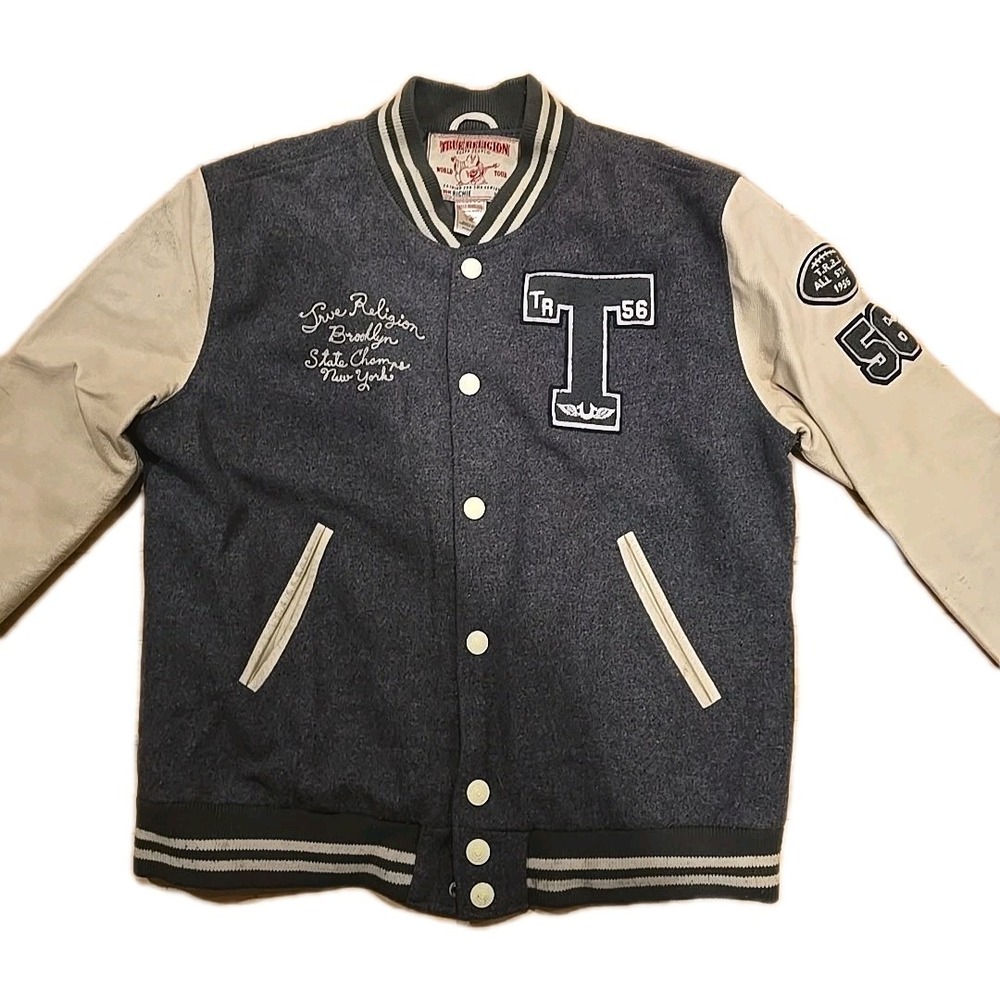 True Religion Richie Men's XXXL Letterman Varsity Jacket Brooklyn Braves Gray - Picture 4 of 7